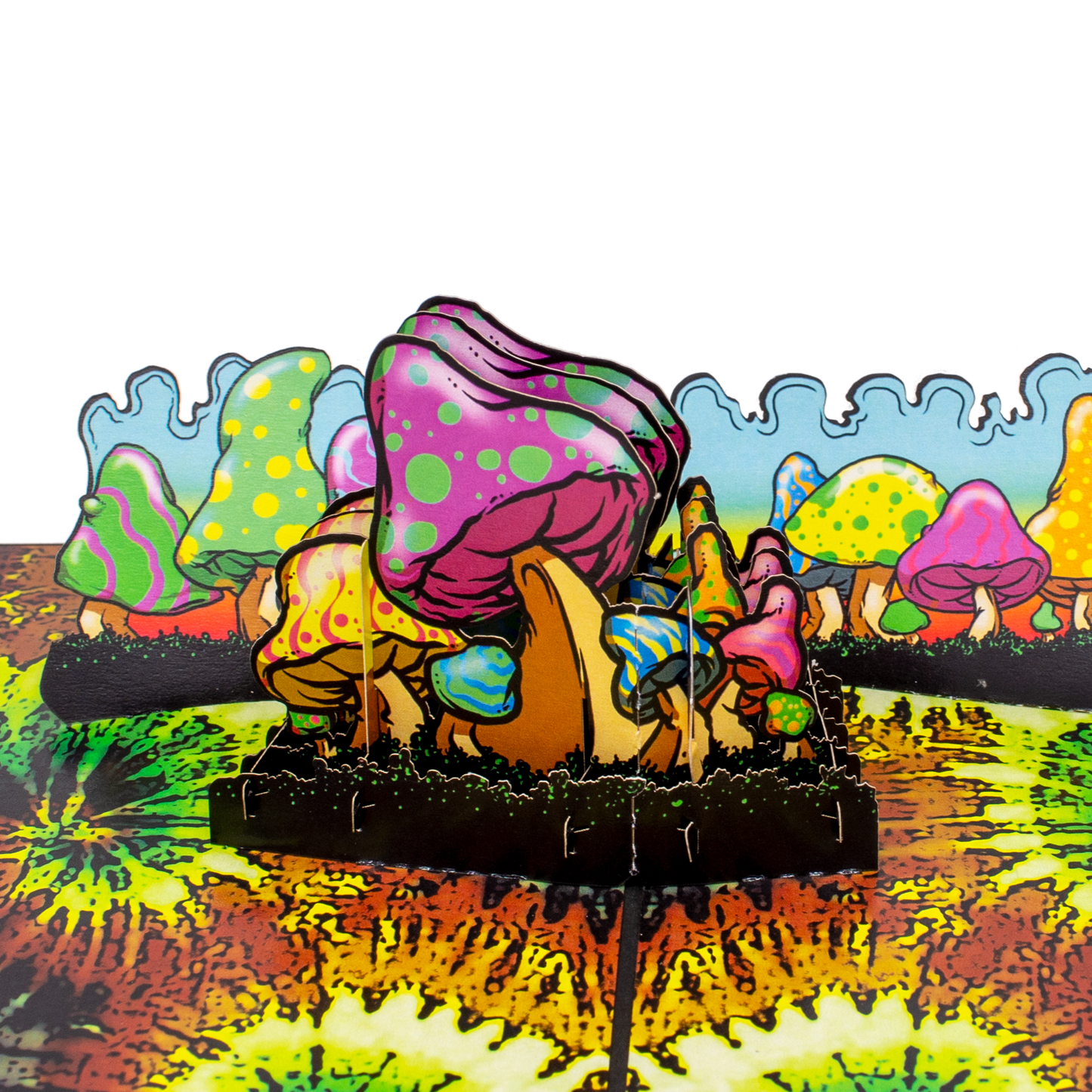Colorful mushroom landscape with a tie-dye pattern on a white background