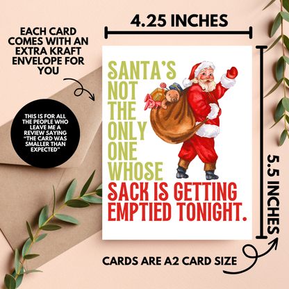 Christmas card with Santa Claus illustration and text, size information displayed.