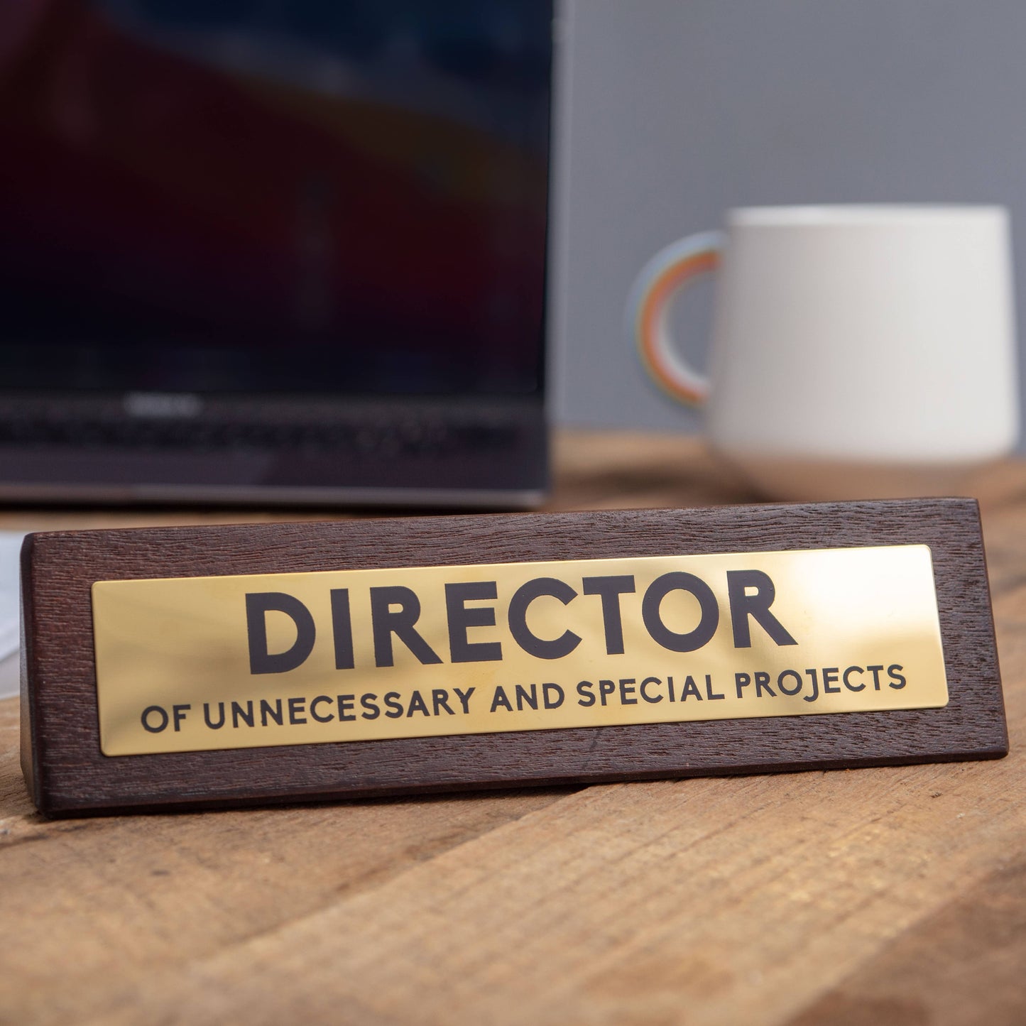 Wooden nameplate with 'DIRECTOR OF UNNECESSARY AND SPECIAL PROJECTS' on a desk with a laptop and mug in the background.