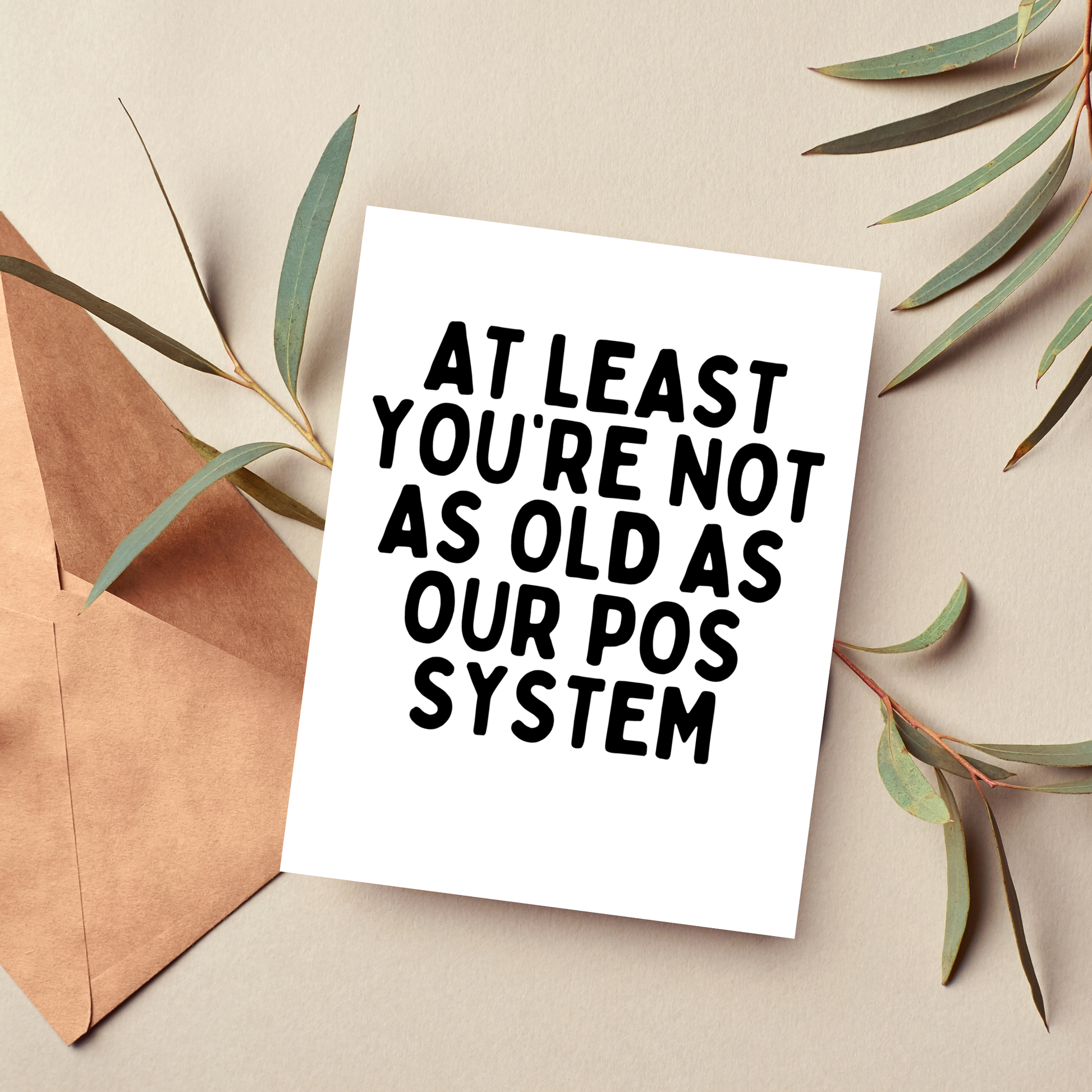 White card with humorous text on a beige background with decorative elements