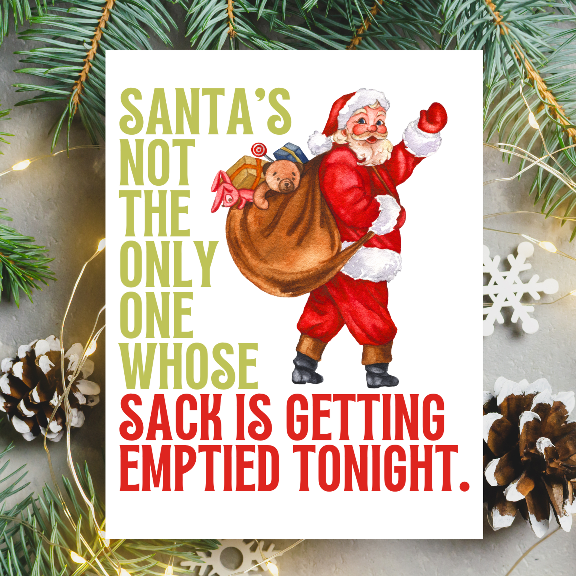 Christmas card with Santa Claus and humorous text surrounded by festive decorations.