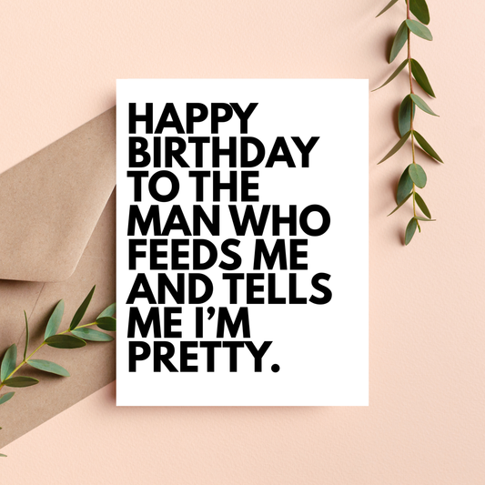 Birthday card with humorous message on a beige background with greenery