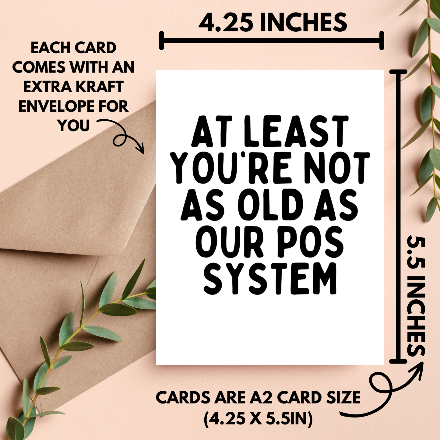 Card with humorous text and dimensions on a beige background with an envelope and leaves.