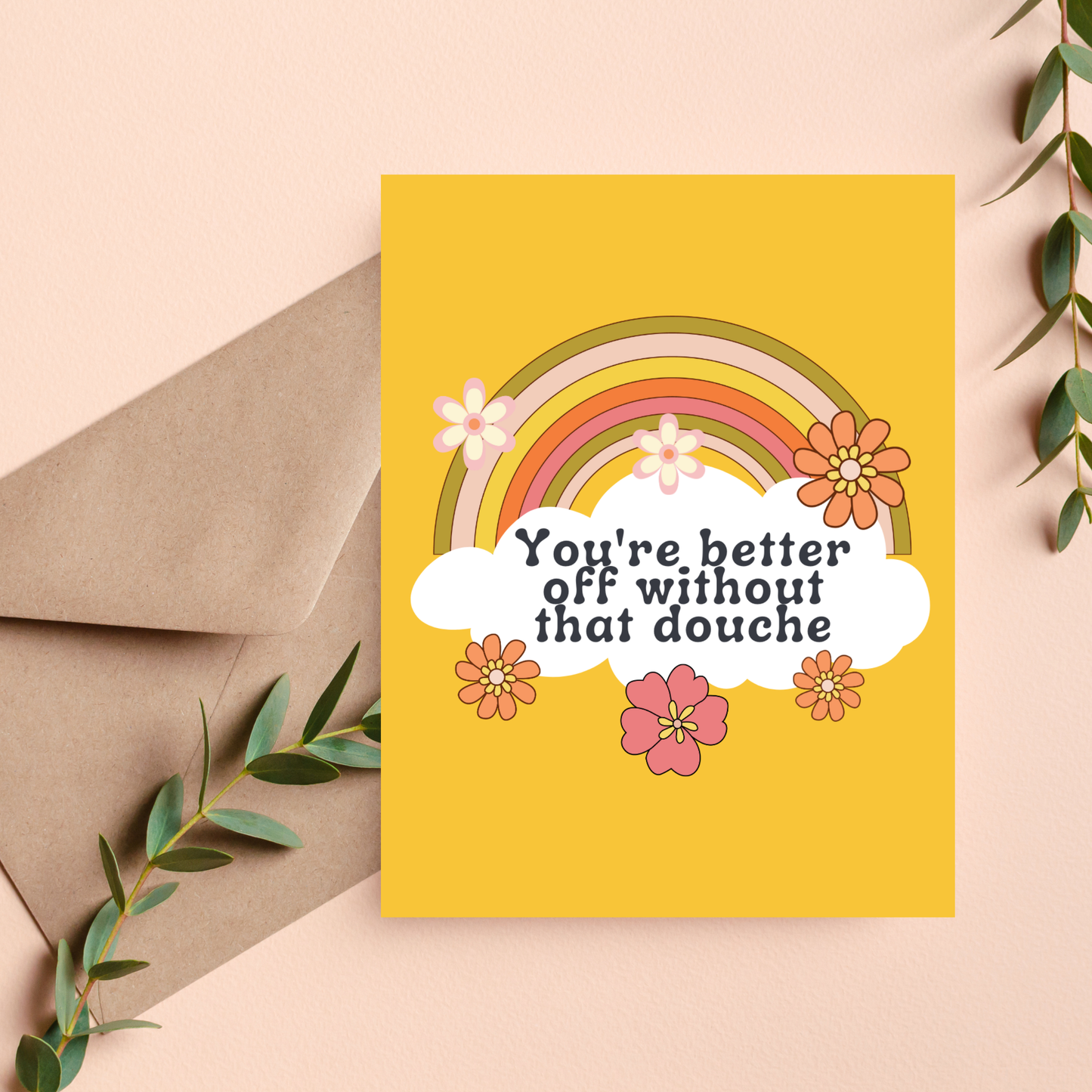 Card with rainbow and flowers on a yellow background, featuring text.