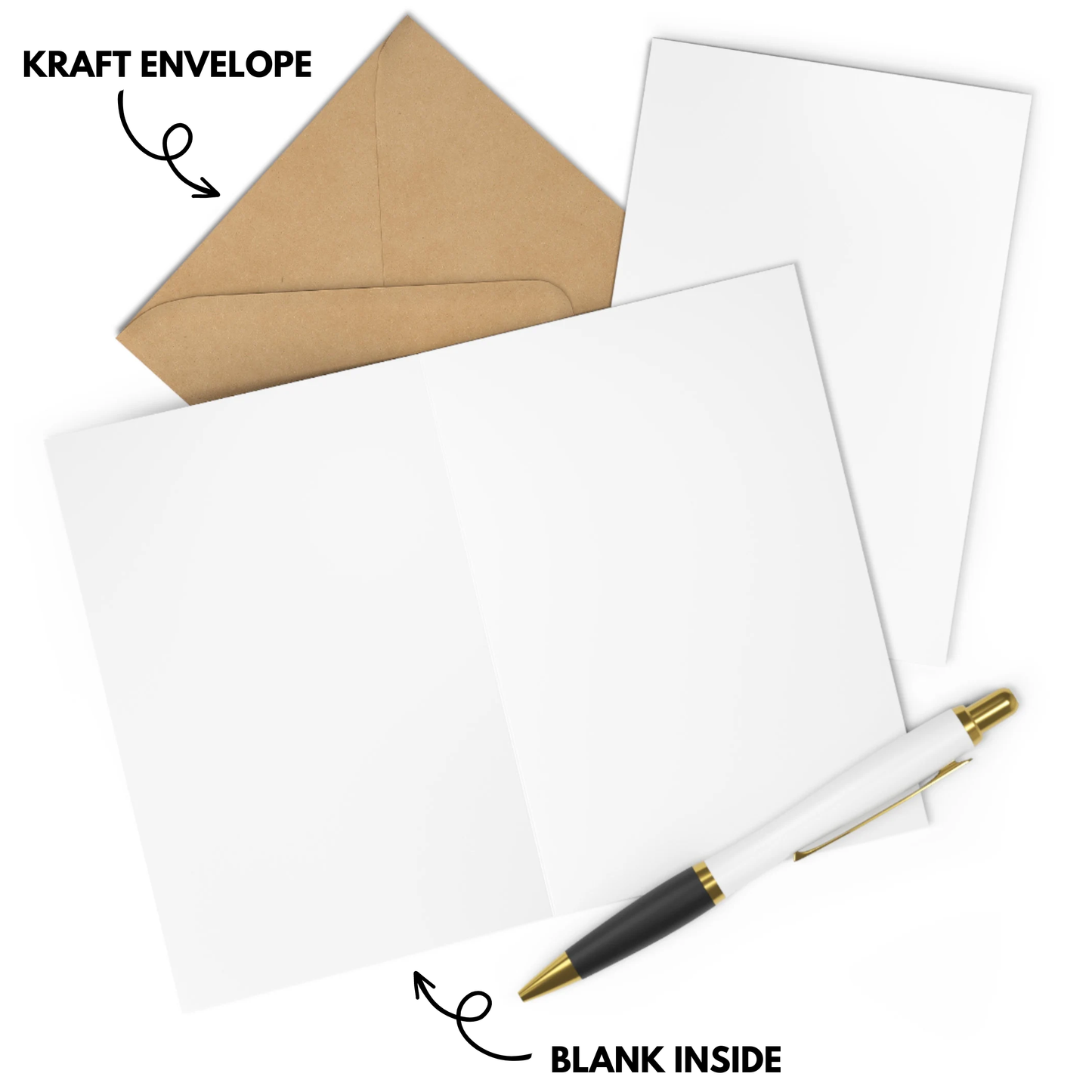 White card with gold pen and kraft envelope on a white background