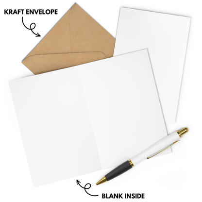 White card with gold pen and kraft envelope on a white background