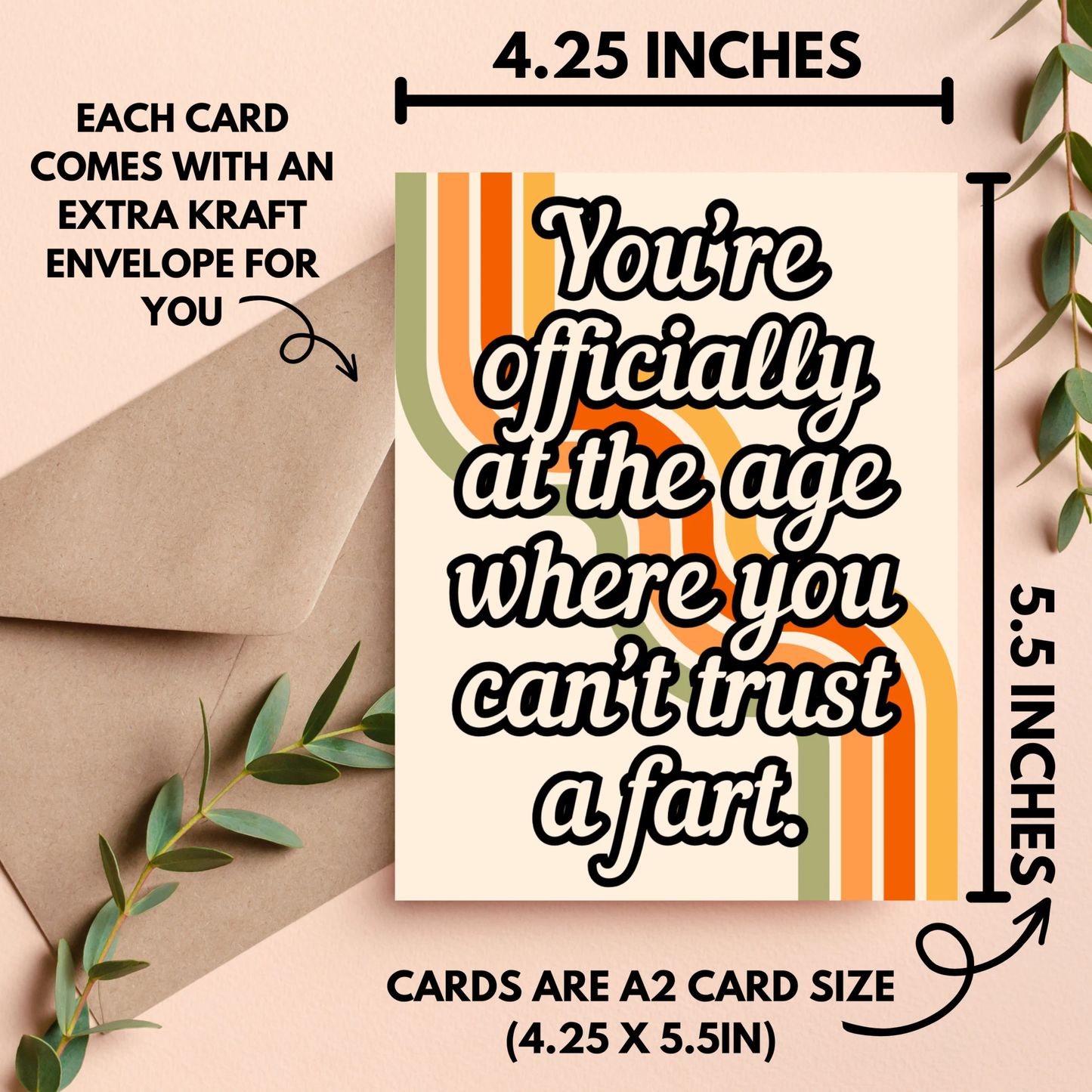 Card with humorous text and dimensions on a beige background with an envelope and leaves.