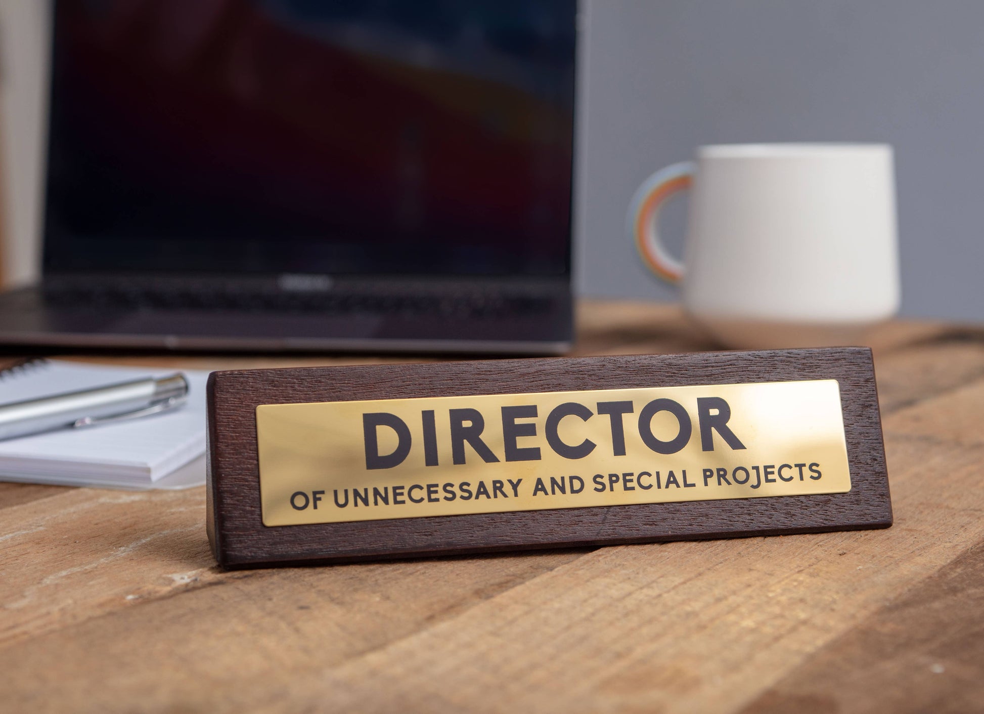 Desk nameplate with 'DIRECTOR OF UNNECESSARY AND SPECIAL PROJECTS' on a wooden desk.