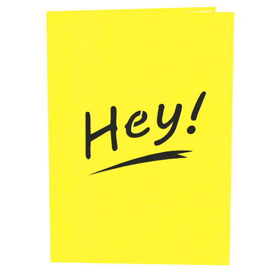 Yellow notebook with 'Hey!' written on it